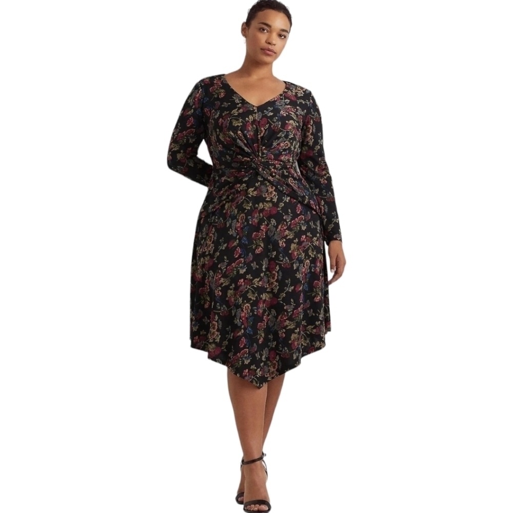 NWT Lauren Ralph Lauren Black Multi Floral Surplice Jersey Dress Size (24W)